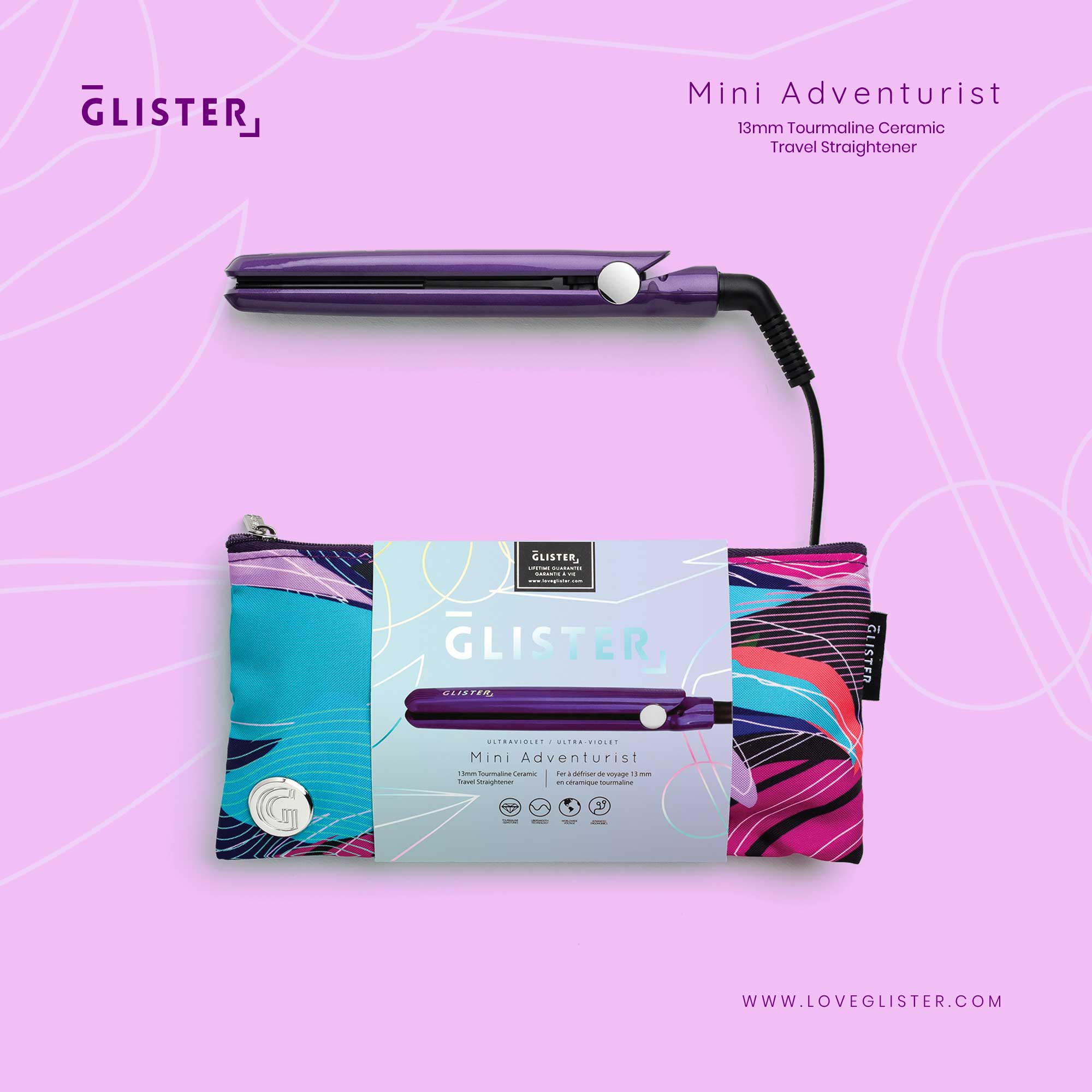 Glister Mini Adventurist Dual Voltage Flat Iron (with Travel Carrying Bag) - Purple