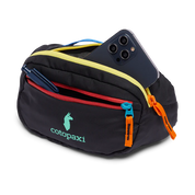 Cotopaxi Kapai 1.5L Hip Pack - Del Día Monochrome - DelDiaDark Front Side View with front zippered pocket unzipped and main zippered pocket unzipped