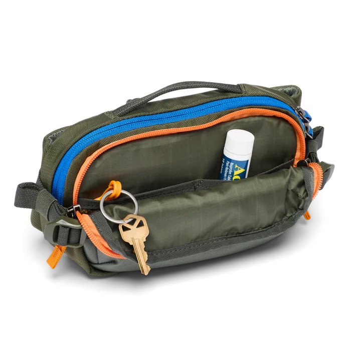 Cotopaxi Allpa X 1.5L Hip Pack - Fatigue Front Zippered Pocket open side view