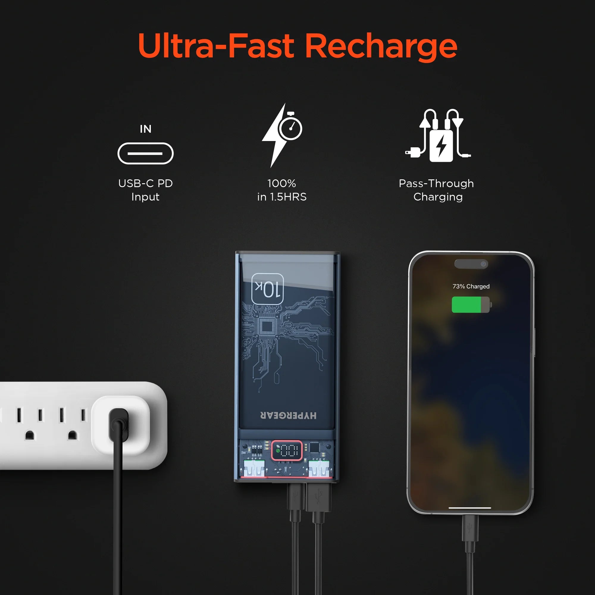 Hypergear 10,000mAh ClearCharge Transparent Fast Charge Power Bank with 20W USB-C PD
