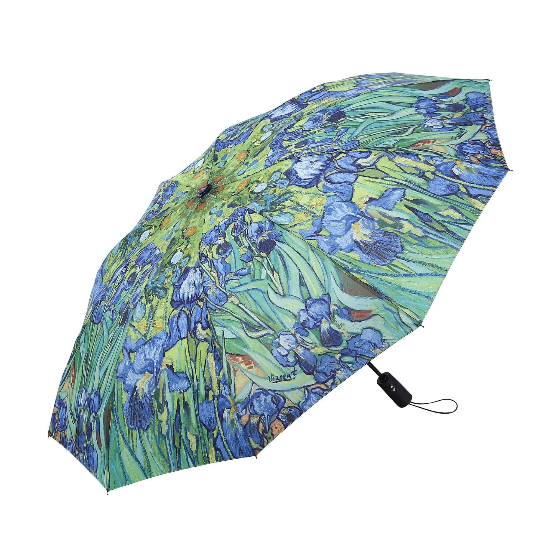 RainCaper Van Gogh Irises Travel Umbrella – Compact, One-Touch Open & Close