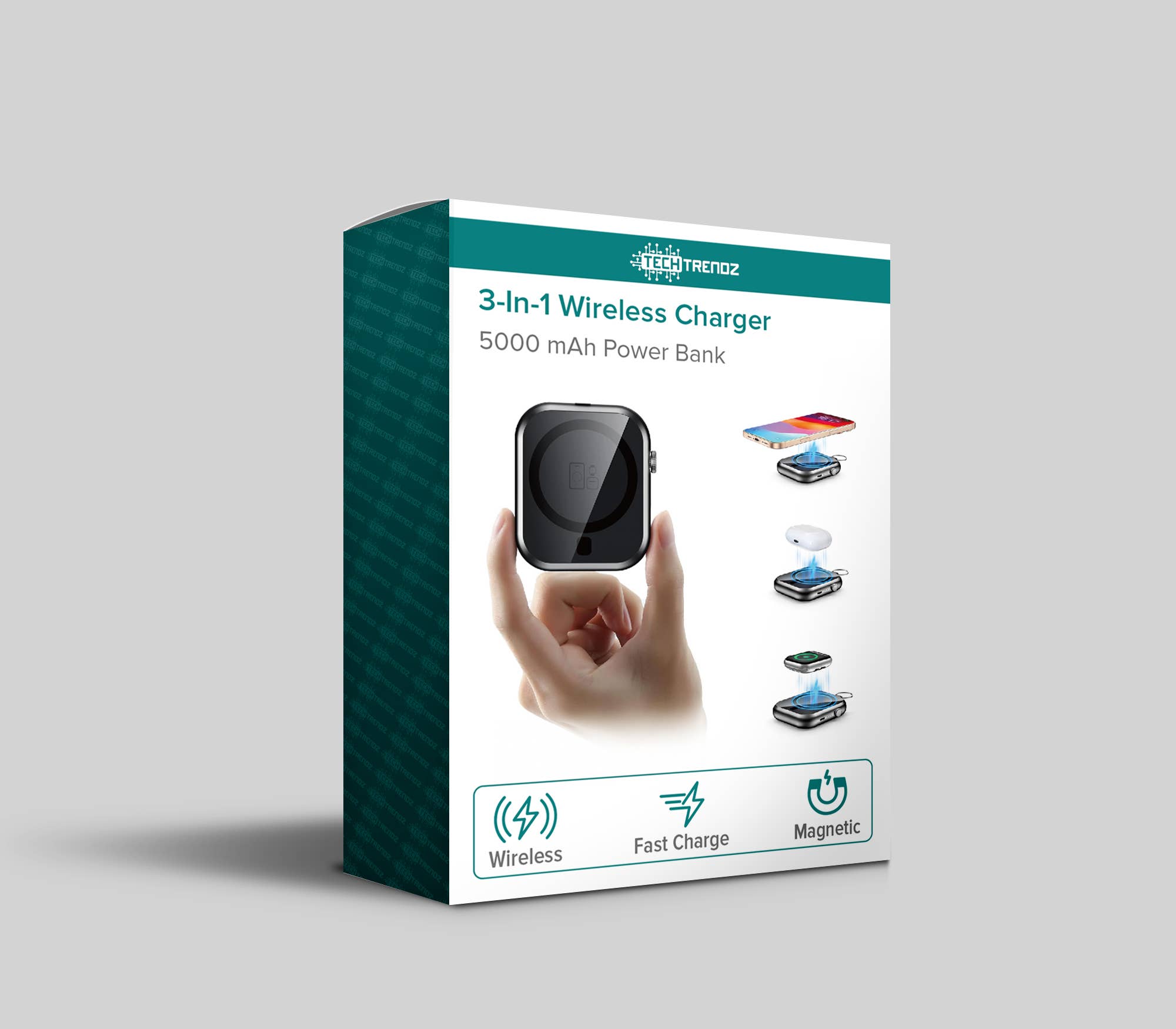 Tech Trendz 3-in-1 Wireless Charging Bank: Black