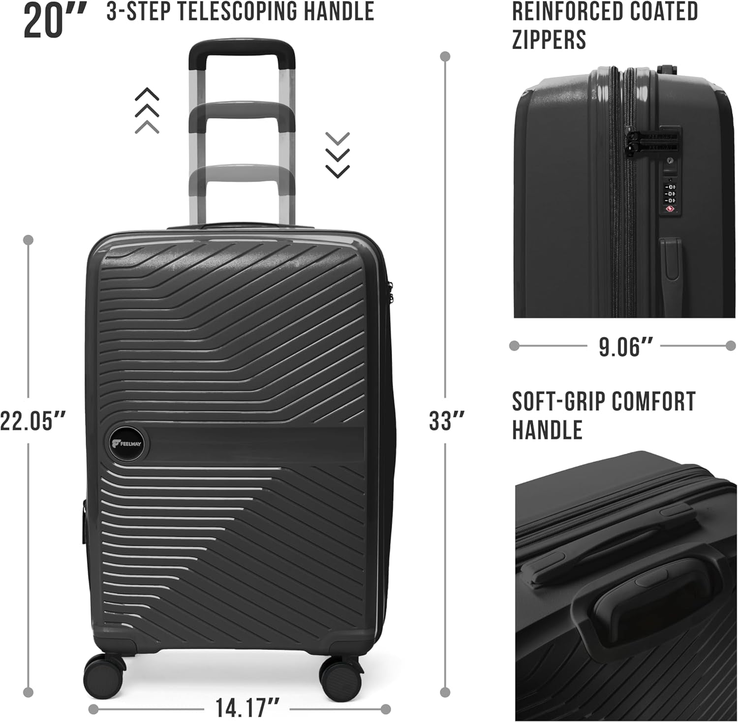 Feelway Luggage 20" Expandable Carry On - Black