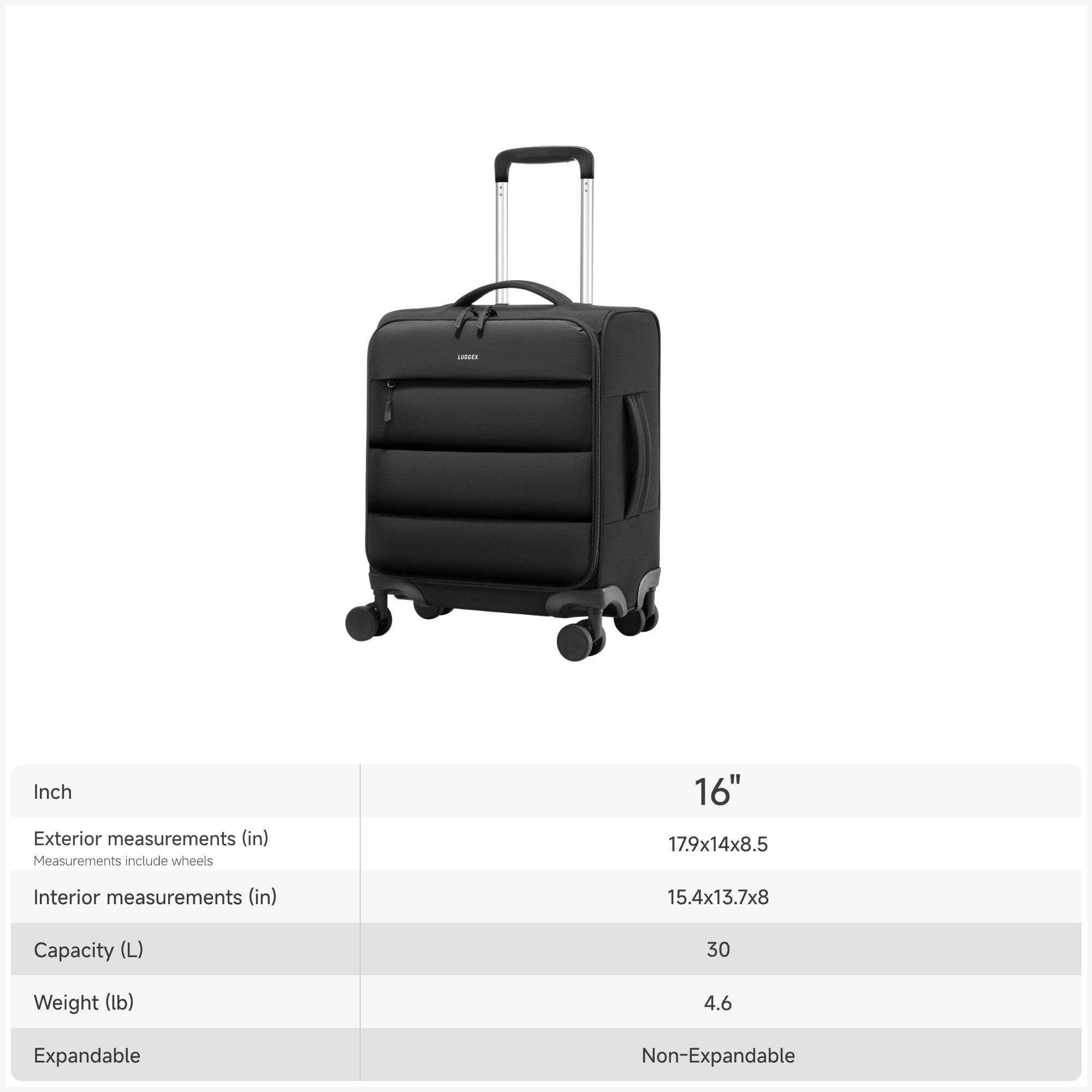 Luggex Underseat Carry-On 16" Soft Shell - Black
