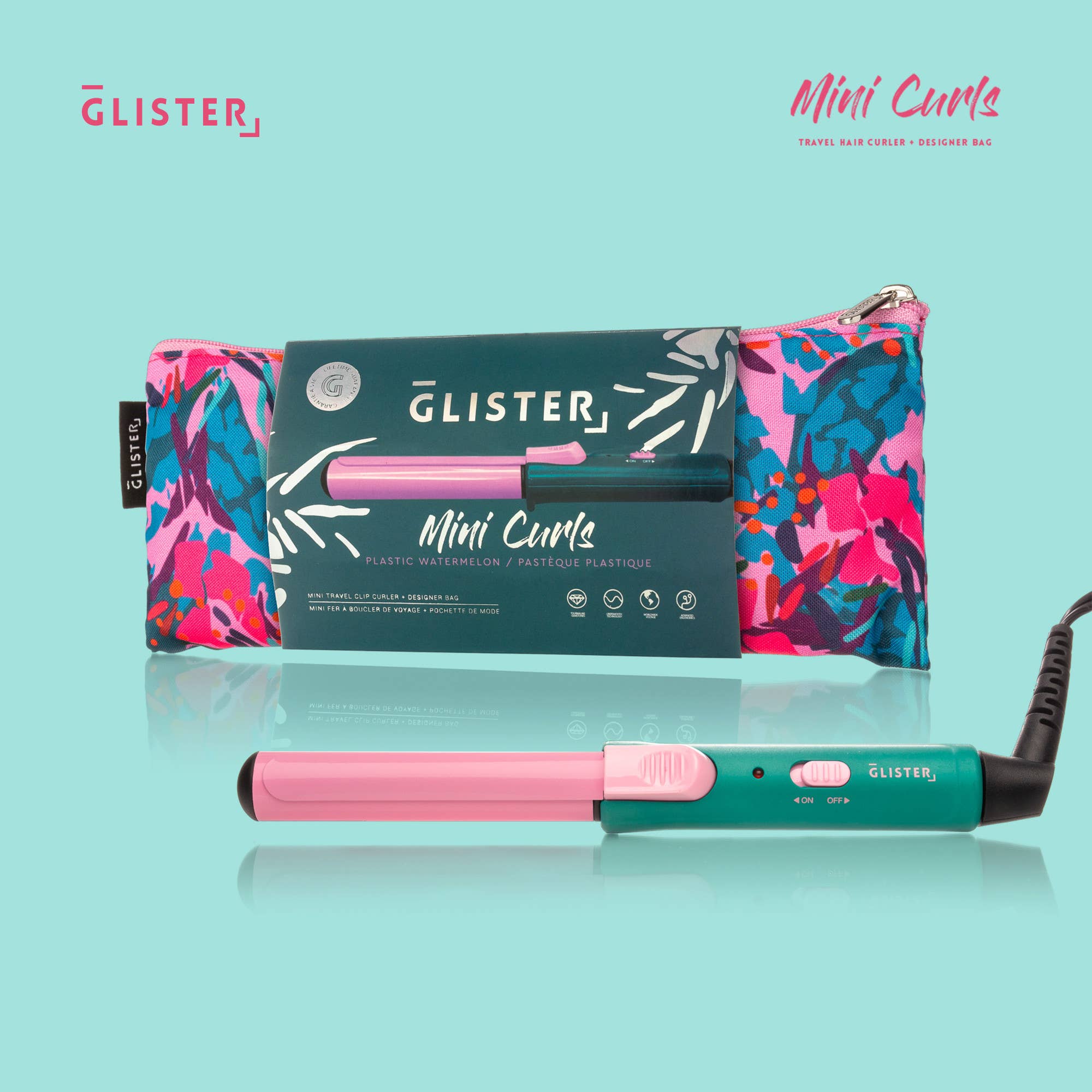 Glister “Mini Curls” Dual Voltage Travel Clip Curler with Carrying Pouch - Watermelon