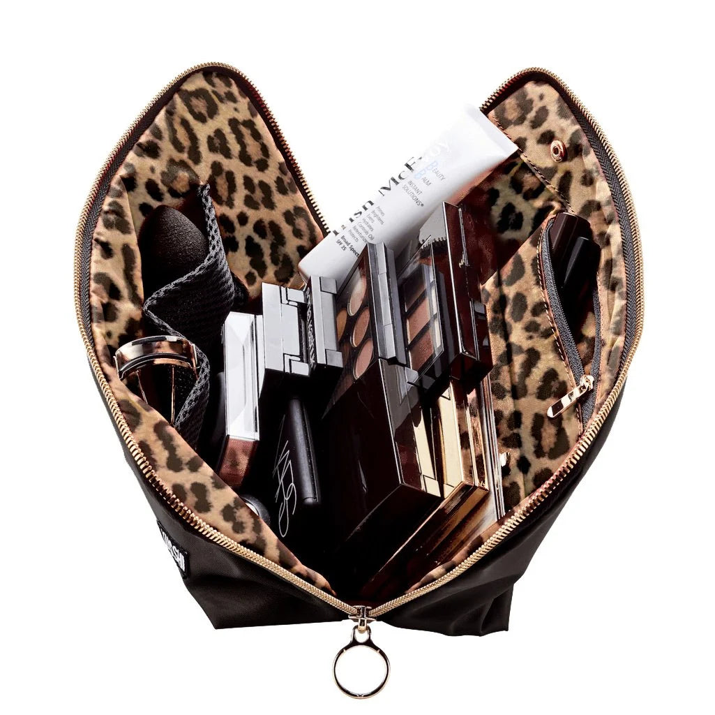 KUSSHI Signature Make Up Bag - Satin Black with Leopard Interior