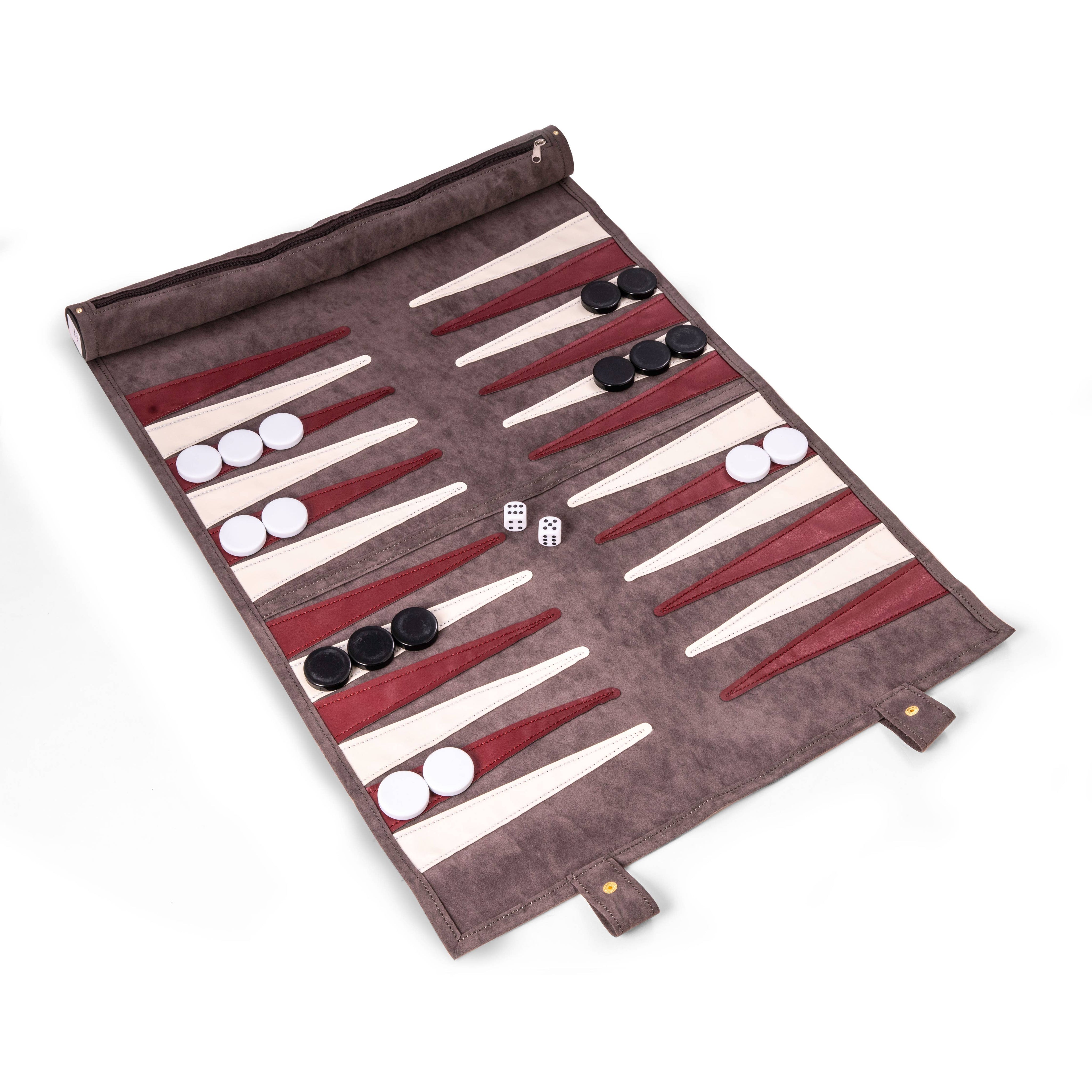 Bey Berk Suede Roll-up Travel Backgammon Set - Grey