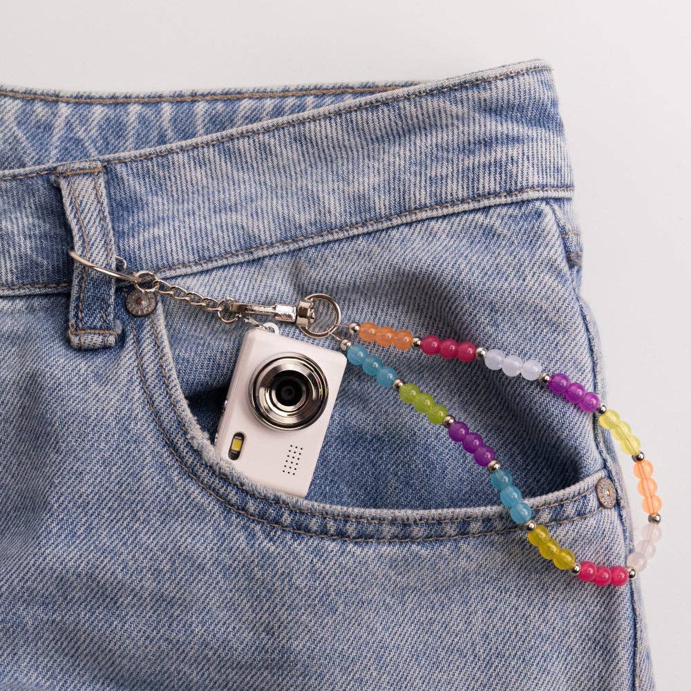 Mini Digital Camera with Beaded Lanyard: White