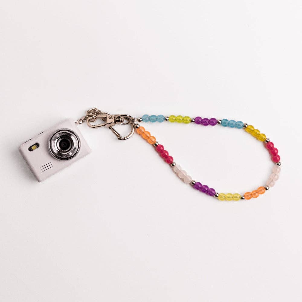 Mini Digital Camera with Beaded Lanyard: White