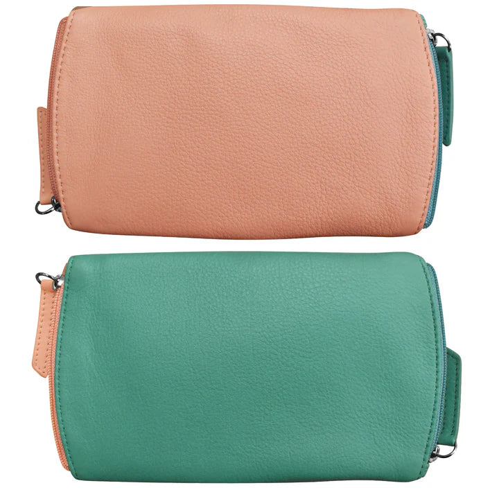 ILI New York Leather Two Tone Double Zip Eyeglass Case - Peach/Turq