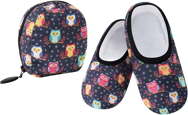 Snoozies Women Plush Skinnies Travel Slippers w/Pouch - Night Owls  Small