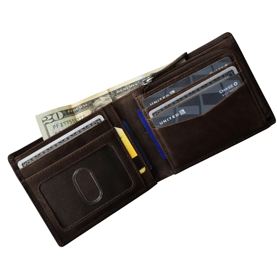 ILI New York RFID  Men's Wallet Bifold With Zip Pocket - Chocolate Brown