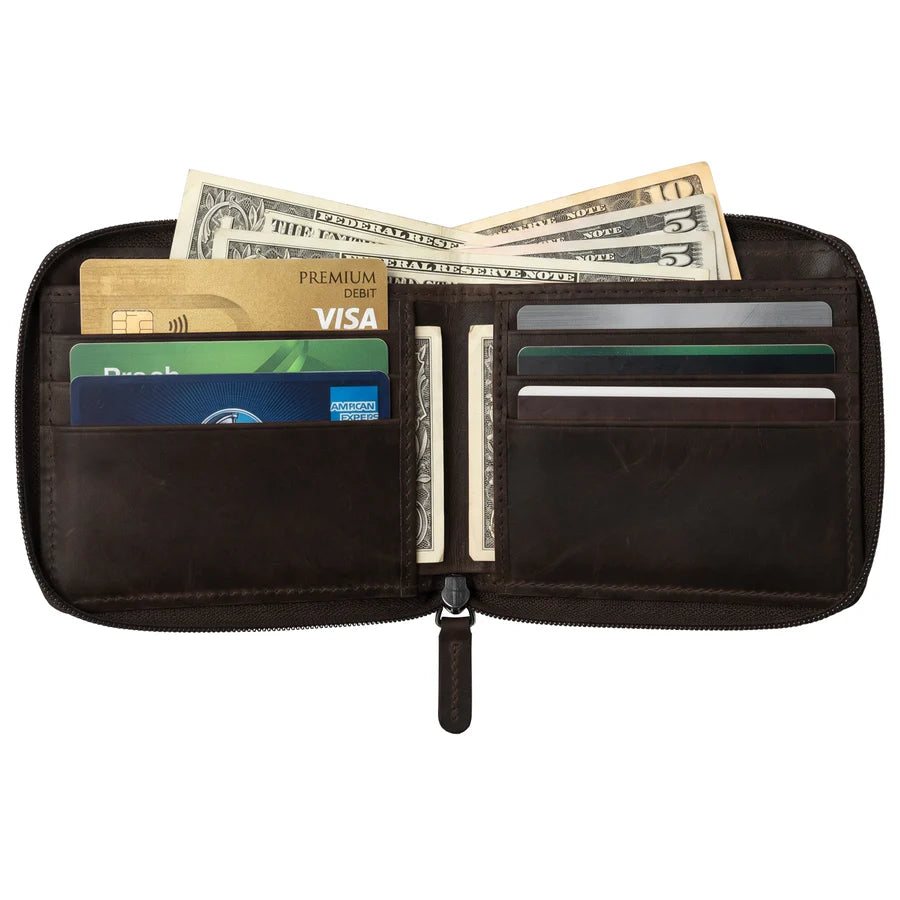 ILI New York Men's Wallet Zip Around Bifold - Chocolate