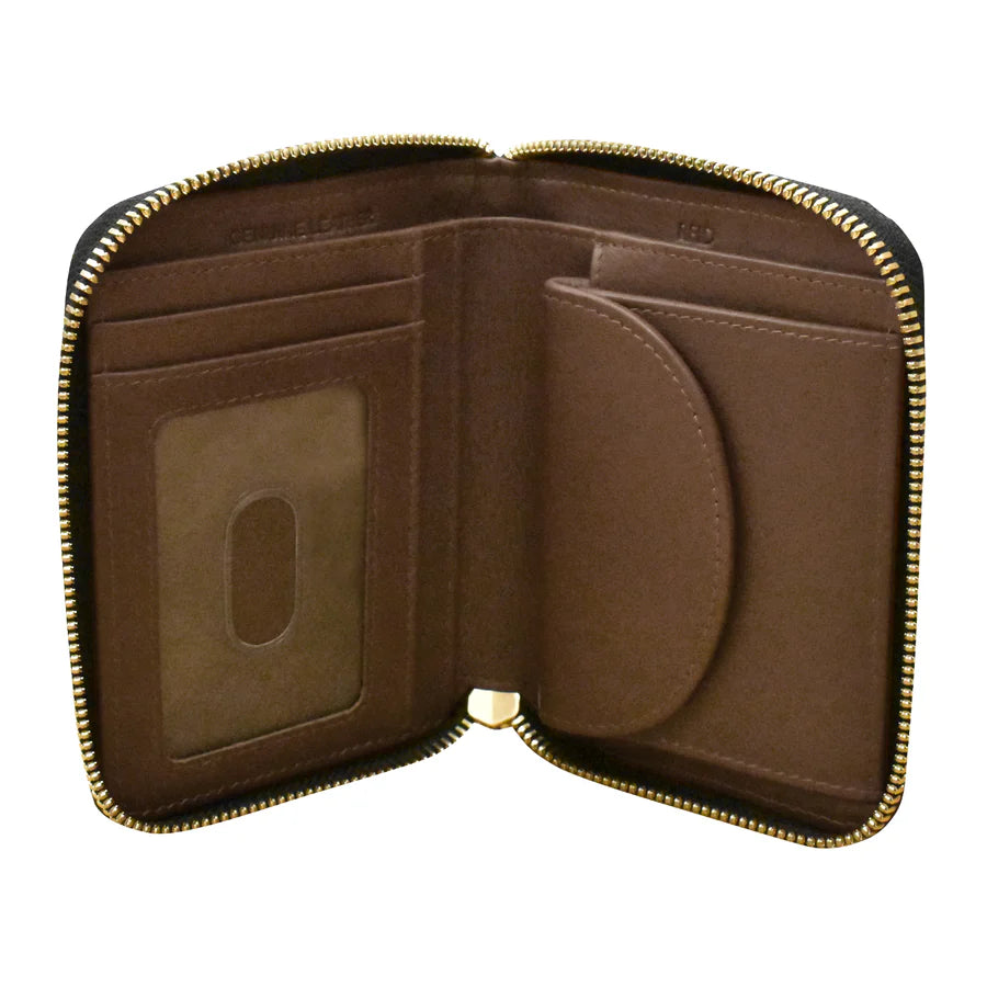 ILI New York RFID Leather Corner Detail Small Zip Wallet - Black/Toffee