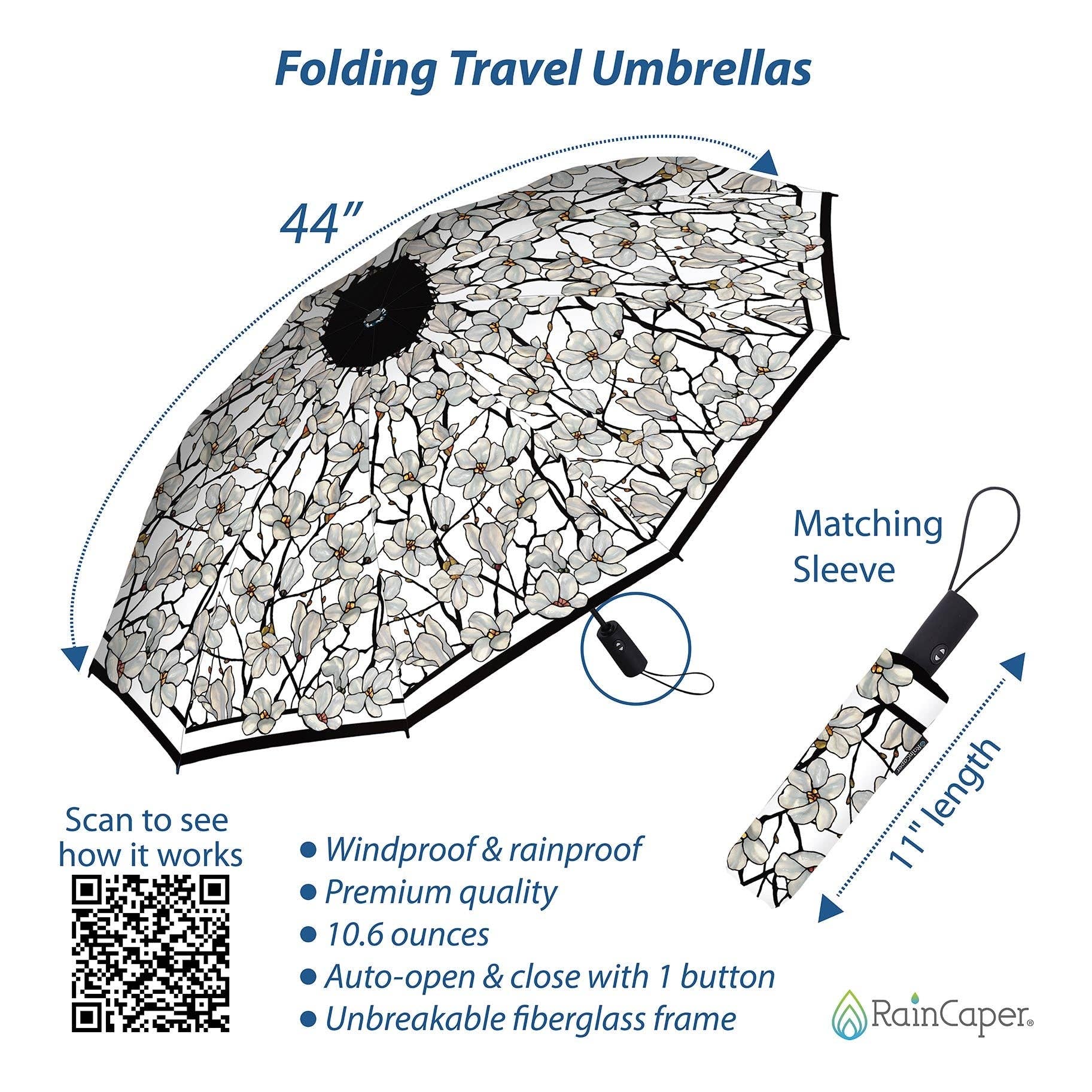 RainCaper Tiffany Magnolia Travel Umbrella – Compact, One-Touch Open & Close
