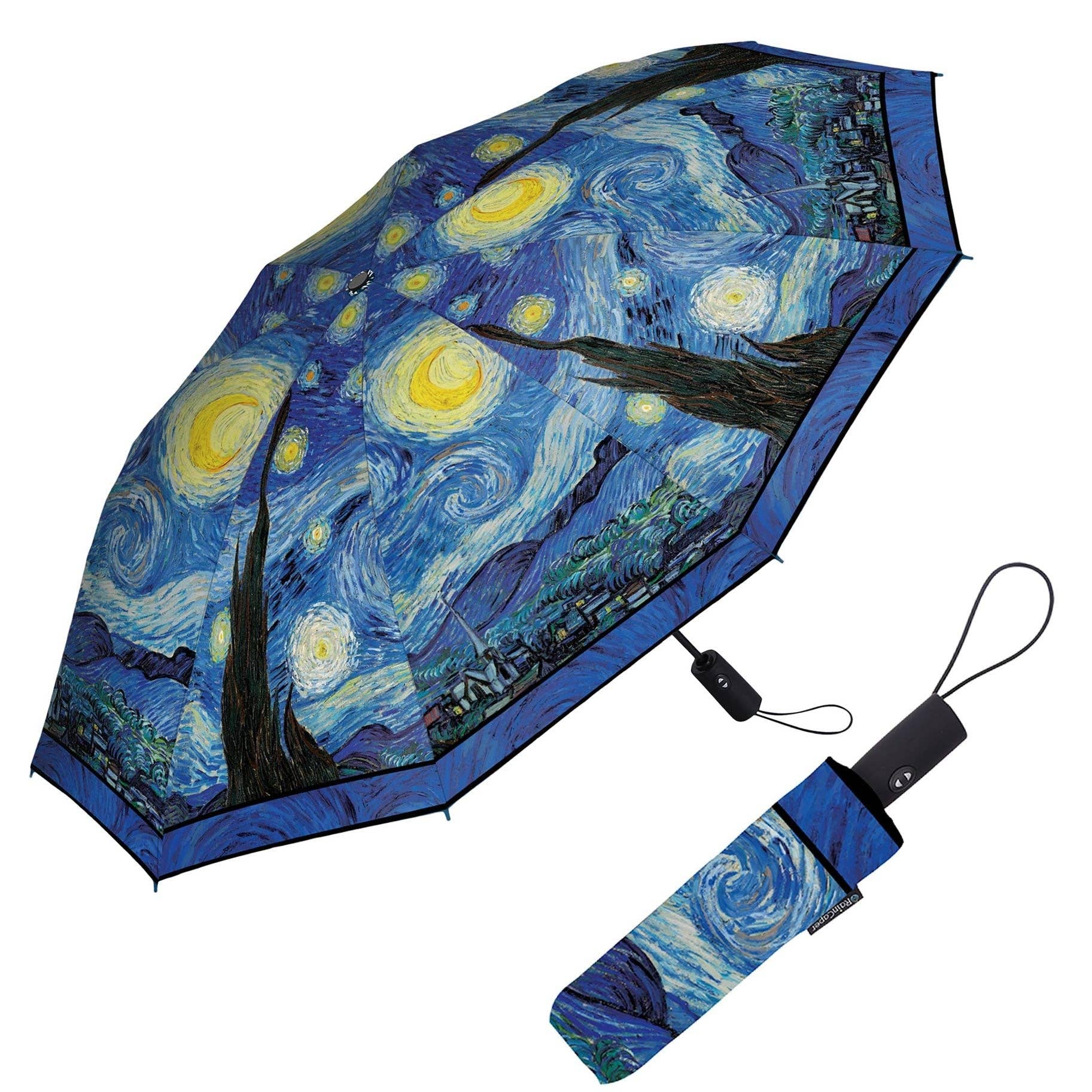 RainCaper Van Gogh Starry Night Travel Umbrella – Compact, One-Touch Open & Close