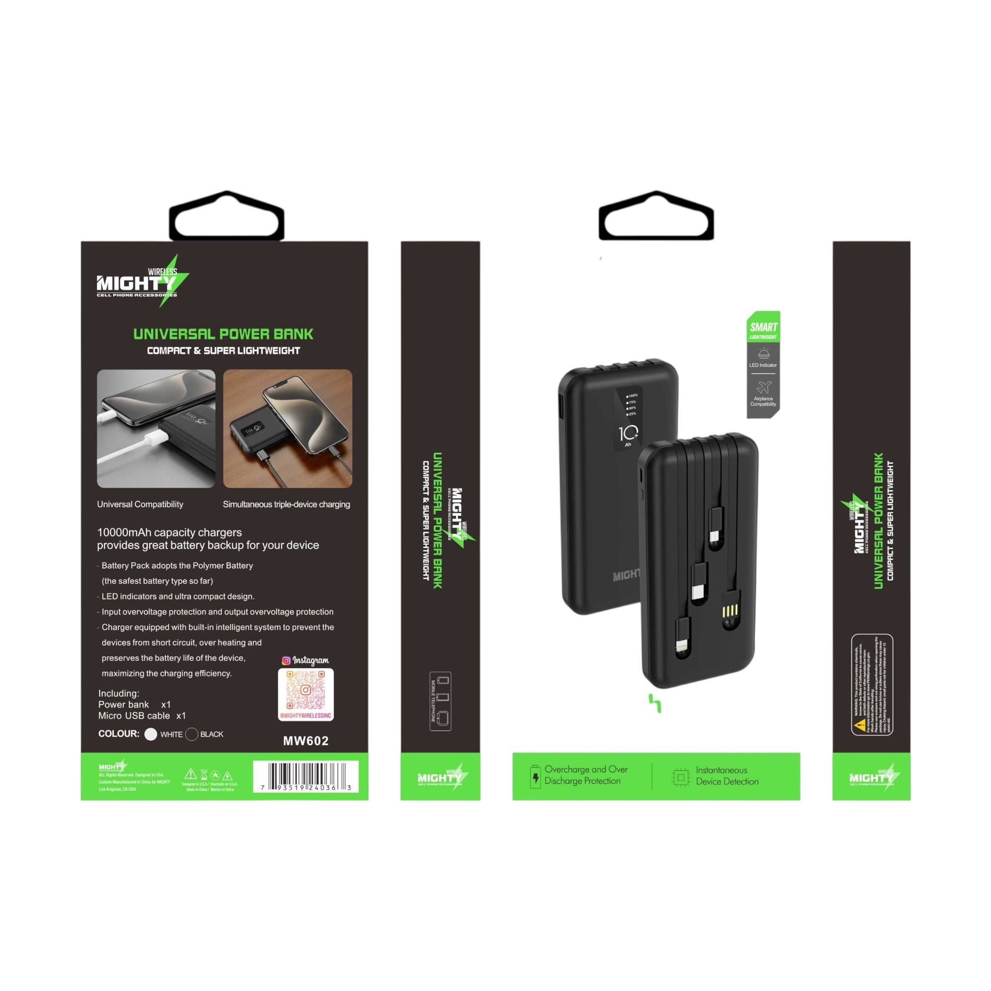 Mighty Wireless 10,000mAh Power Bank with 4 Cables Black MW602