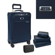 Briggs & Riley Baseline Essential 22" Carry On Expandable Spinner + 3 Packing Cubes + Free Amenities Kit and Monogram – Navy