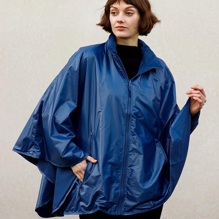Rainraps SPORTYRAP Sport Poncho - Shiny Navy, Front View, dressed on a woman