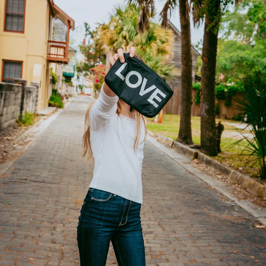 Hi Love Mini Padded Zipper Pack in Black with Silver "LOVE"