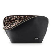 KUSSHI Vacationer Make Up Bag - Satin Black Fabric with Leopard Interior