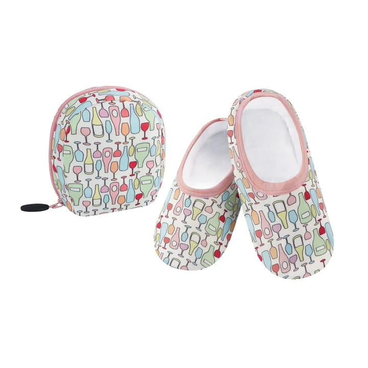 Snoozies Women Plush Skinnies Travel Slippers w/Pouch - Wine Bottles Medium