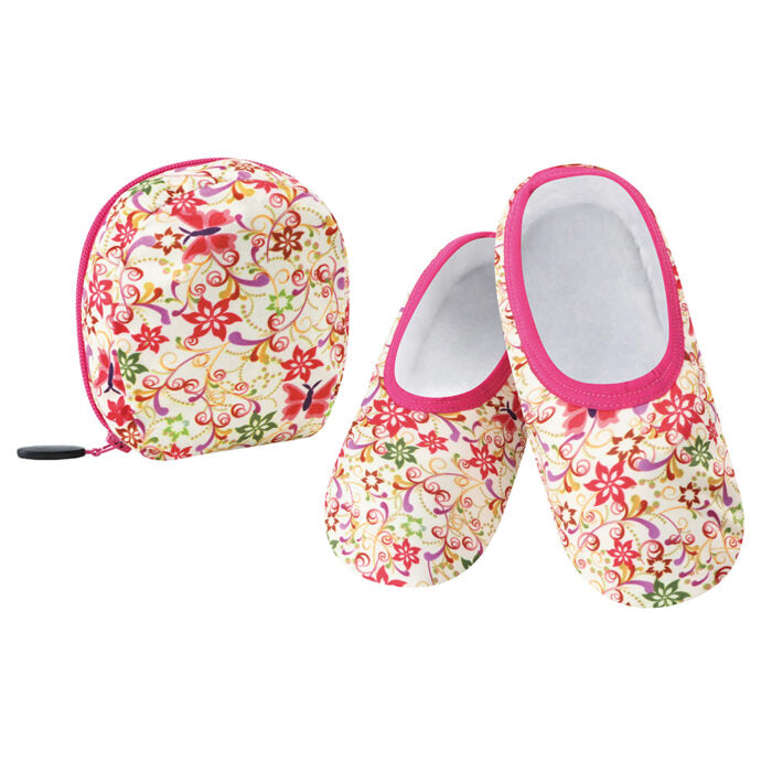 Snoozies Women Plush Skinnies Travel Slippers w/Pouch - Butterfly Swirls Medium