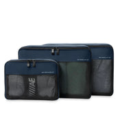 Three navy blue packing cubes with mesh pockets on a white background