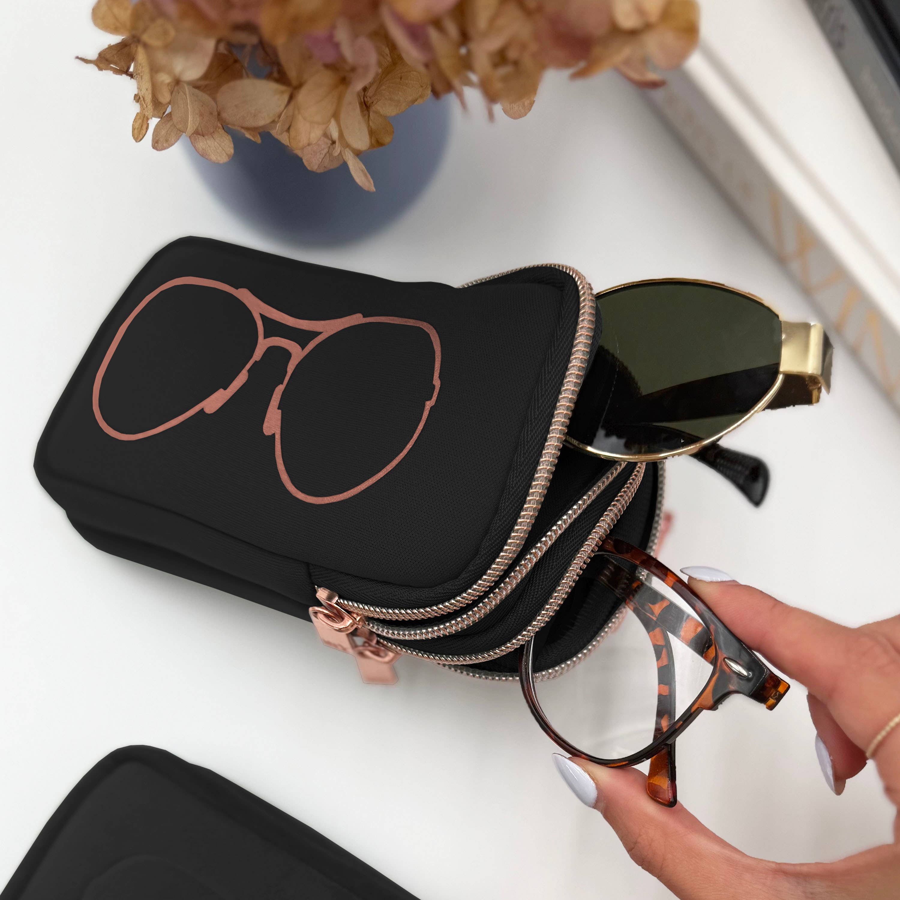 MyTagAlongs Double Eyeglass Case - Black/Rose Gold