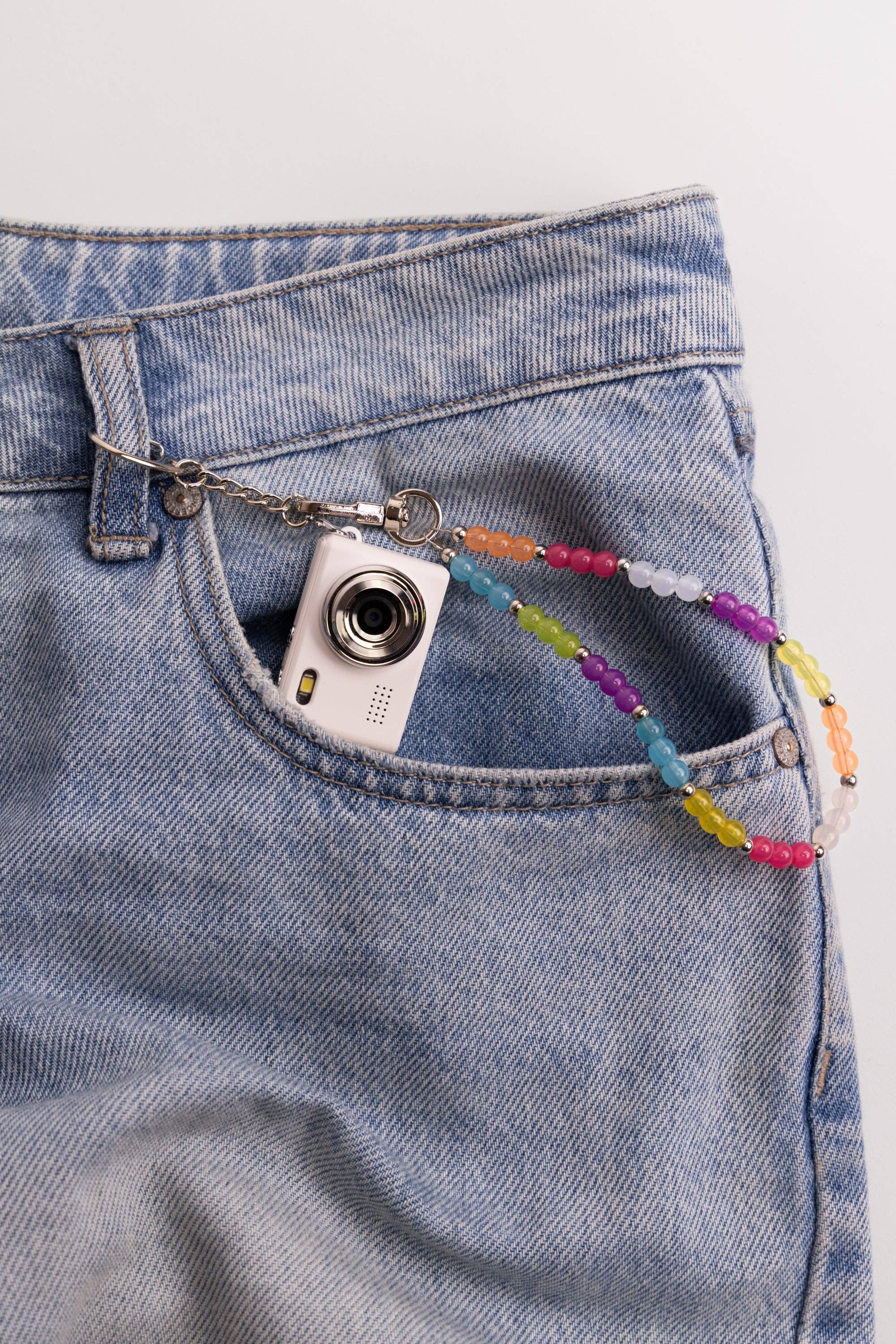 Mini Digital Camera with Beaded Lanyard: White