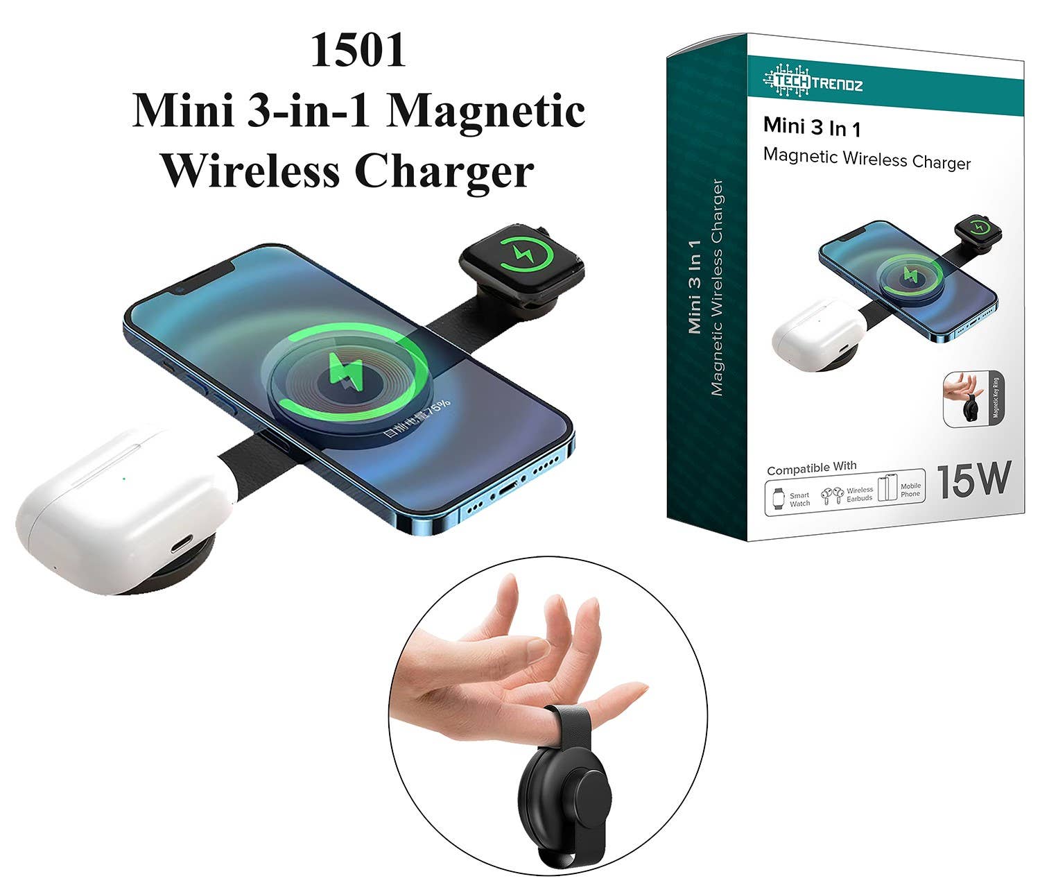 Tech Trendz Mini 3in 1 Magnetic Wireless Charger - Black – Irv's Luggage
