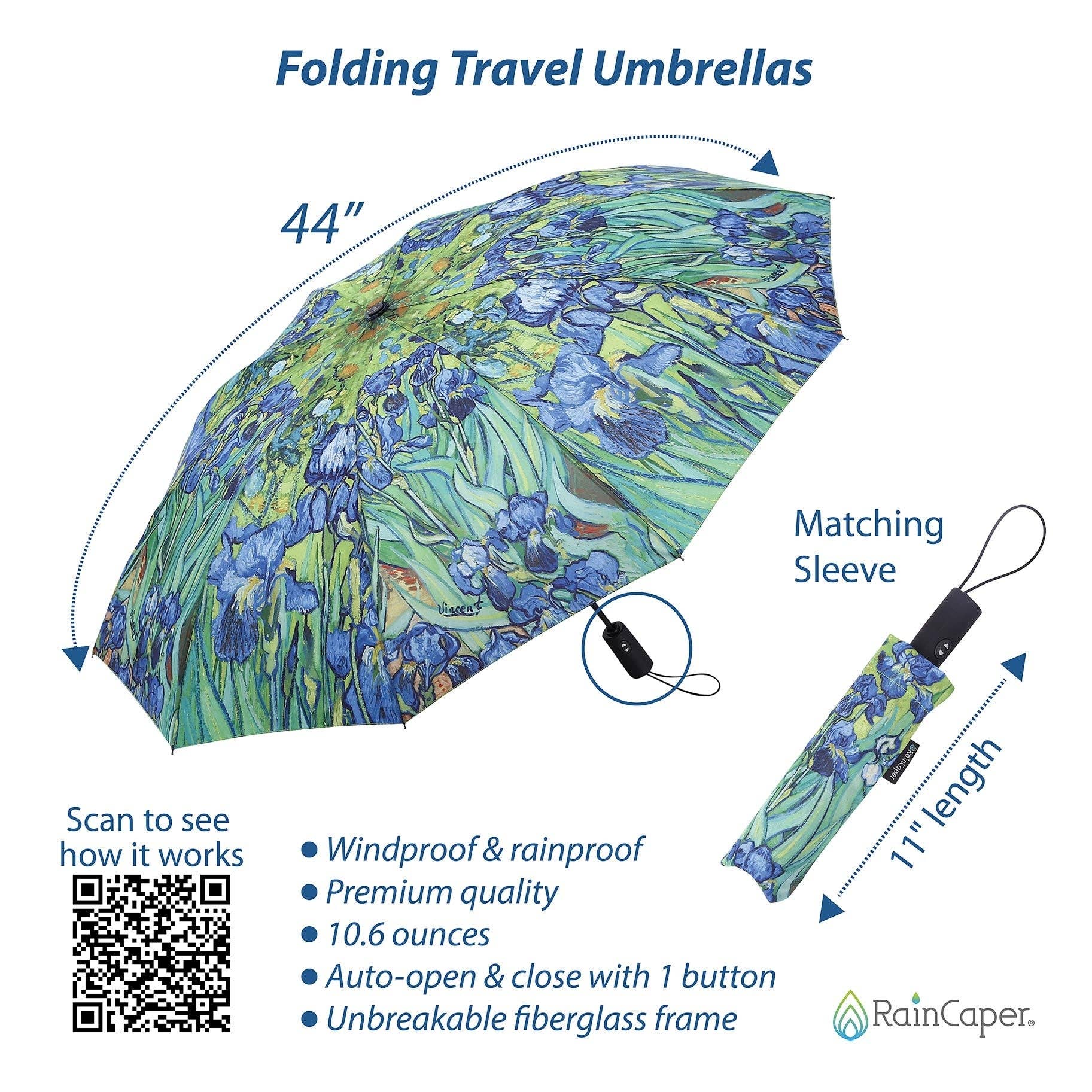 RainCaper Van Gogh Irises Travel Umbrella – Compact, One-Touch Open & Close