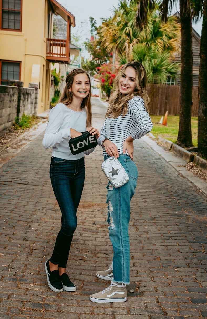 Hi Love Mini Padded Zipper Pack in Black with Silver "LOVE"