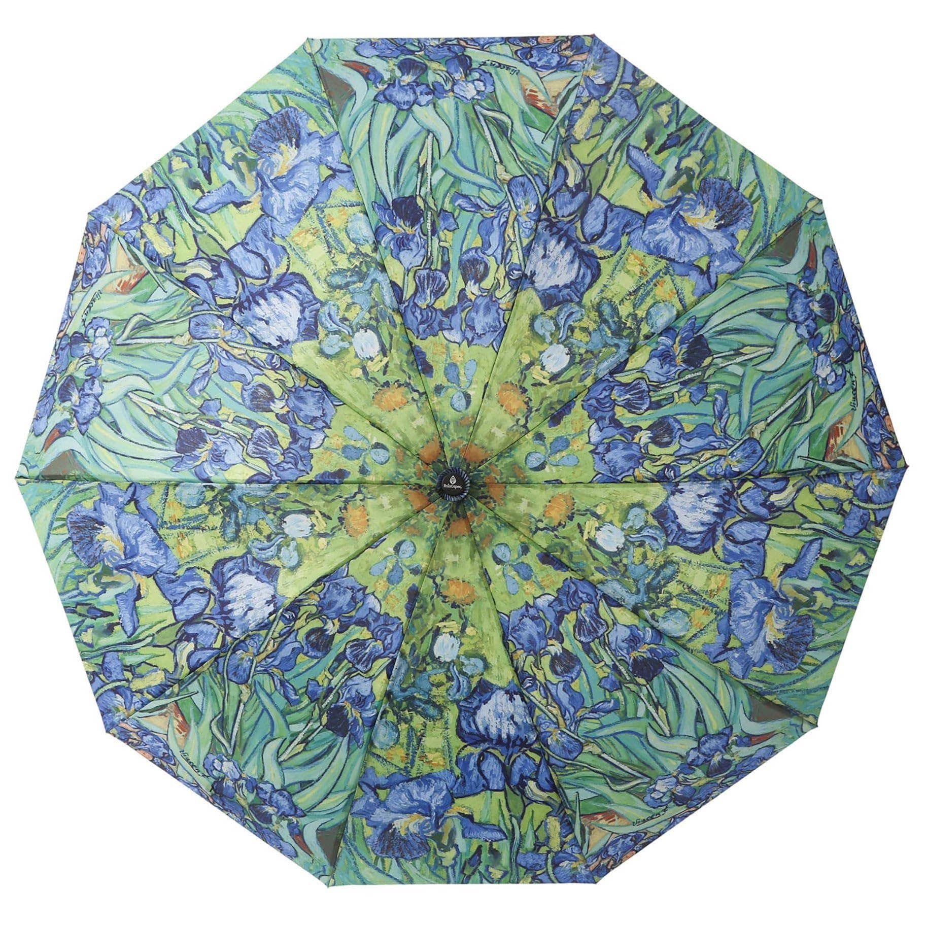 RainCaper Van Gogh Irises Travel Umbrella – Compact, One-Touch Open & Close