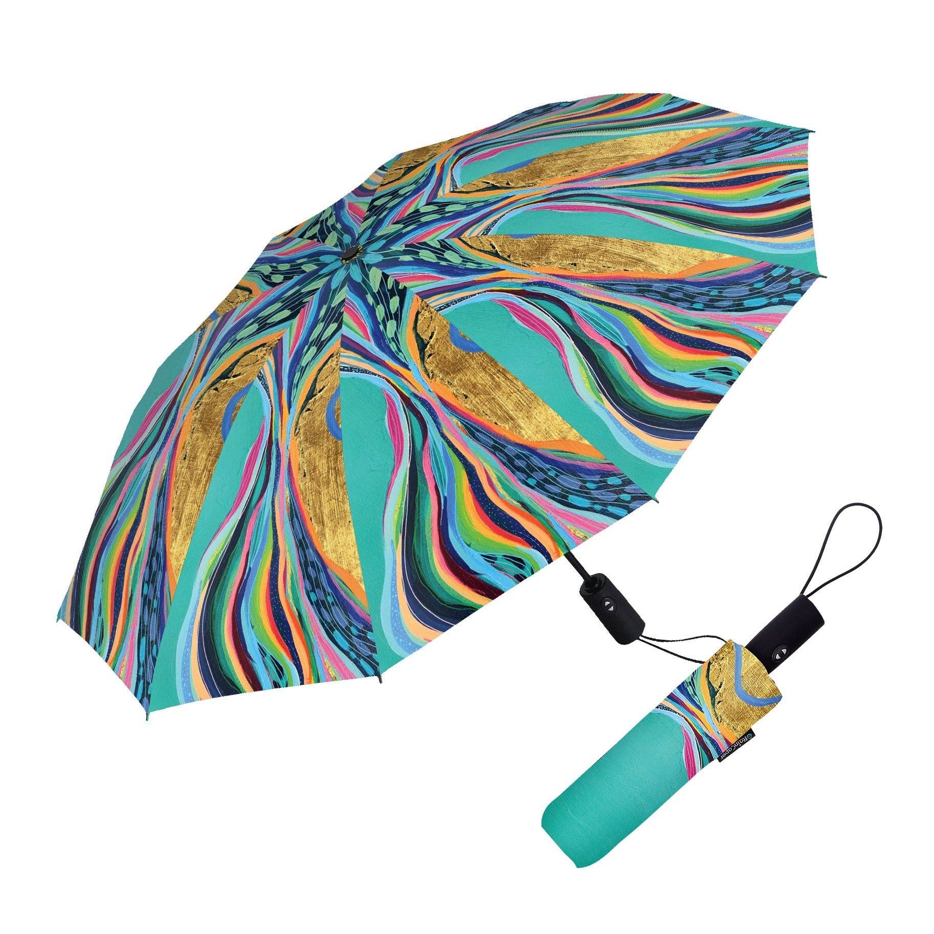 RainCaper EttaVee "Rainbow Riviera 1" Travel Umbrella – Compact, One-Touch Open & Close