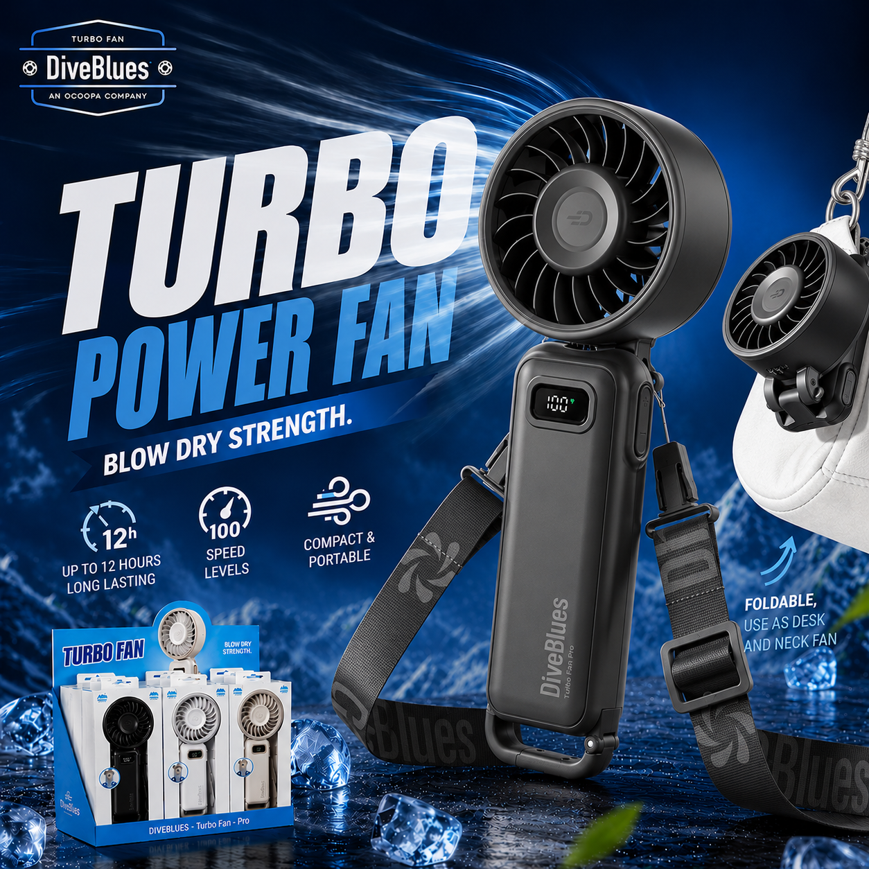 Ocoopa Turbo Wind Handheld Fan, Blow Dryer Level Power - Black