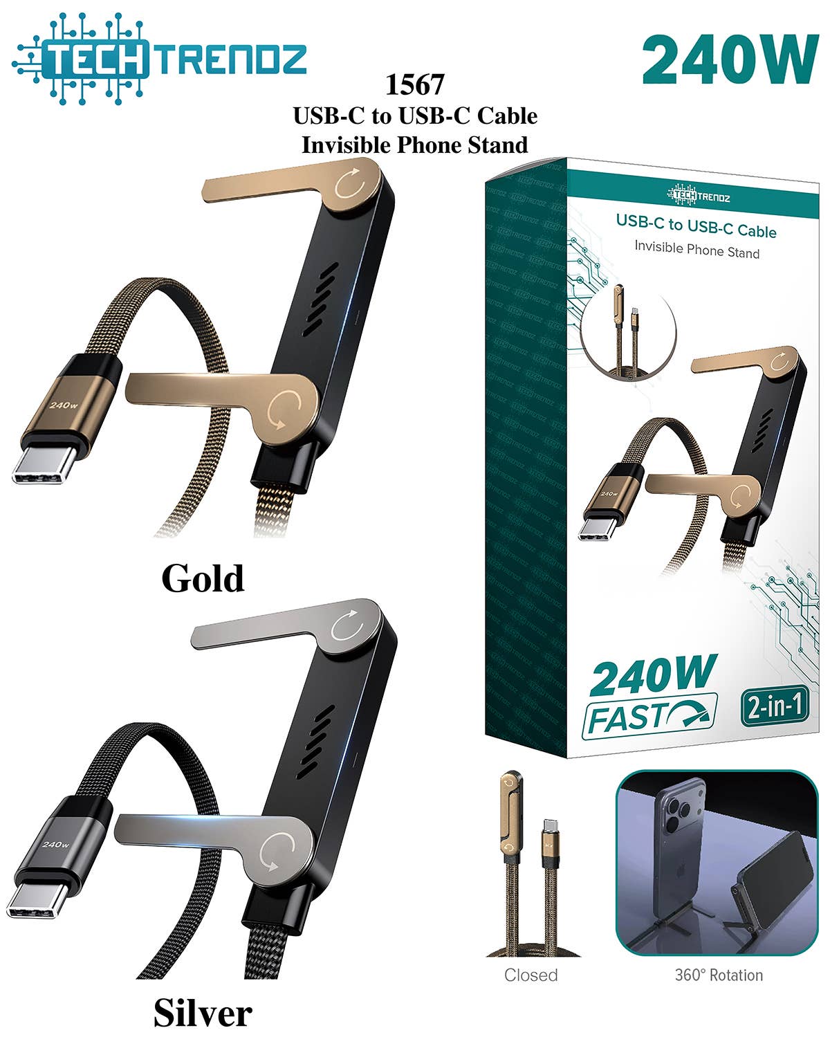 Tech Trendz USB-C Cable & Phone Stand - 2 Colors: Black