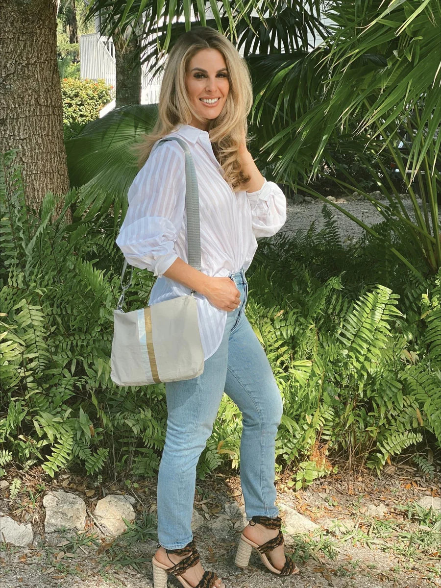 Hi Love Crossbody Purse in Earth Gray with Silver & Gold Stripes