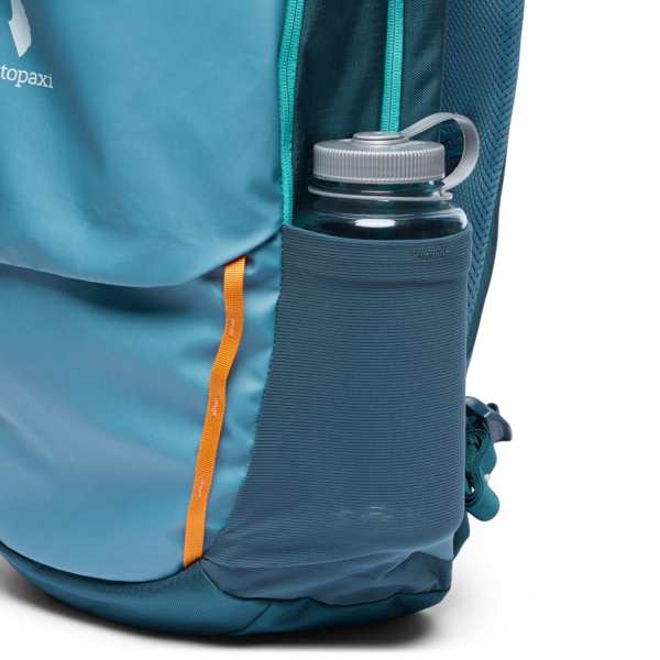 Cotopaxi Allpa 26L Daypack - Blue Spruce and Abyss Side View of Water bottle pocket