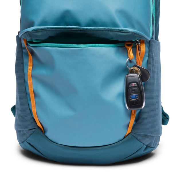 Cotopaxi Allpa 26L Daypack - Blue Spruce and Abyss Front View of Bottom Zipper pocket