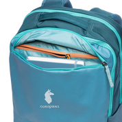 Cotopaxi Allpa 26L Daypack - Blue Spruce and Abyss Front View with Top Zipper pocket open