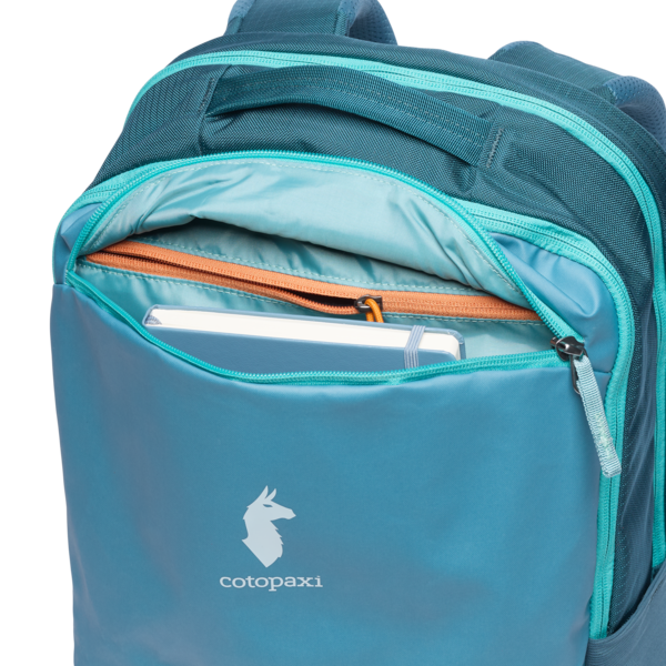 Cotopaxi Allpa 26L Daypack - Blue Spruce and Abyss Front View with Top Zipper pocket open