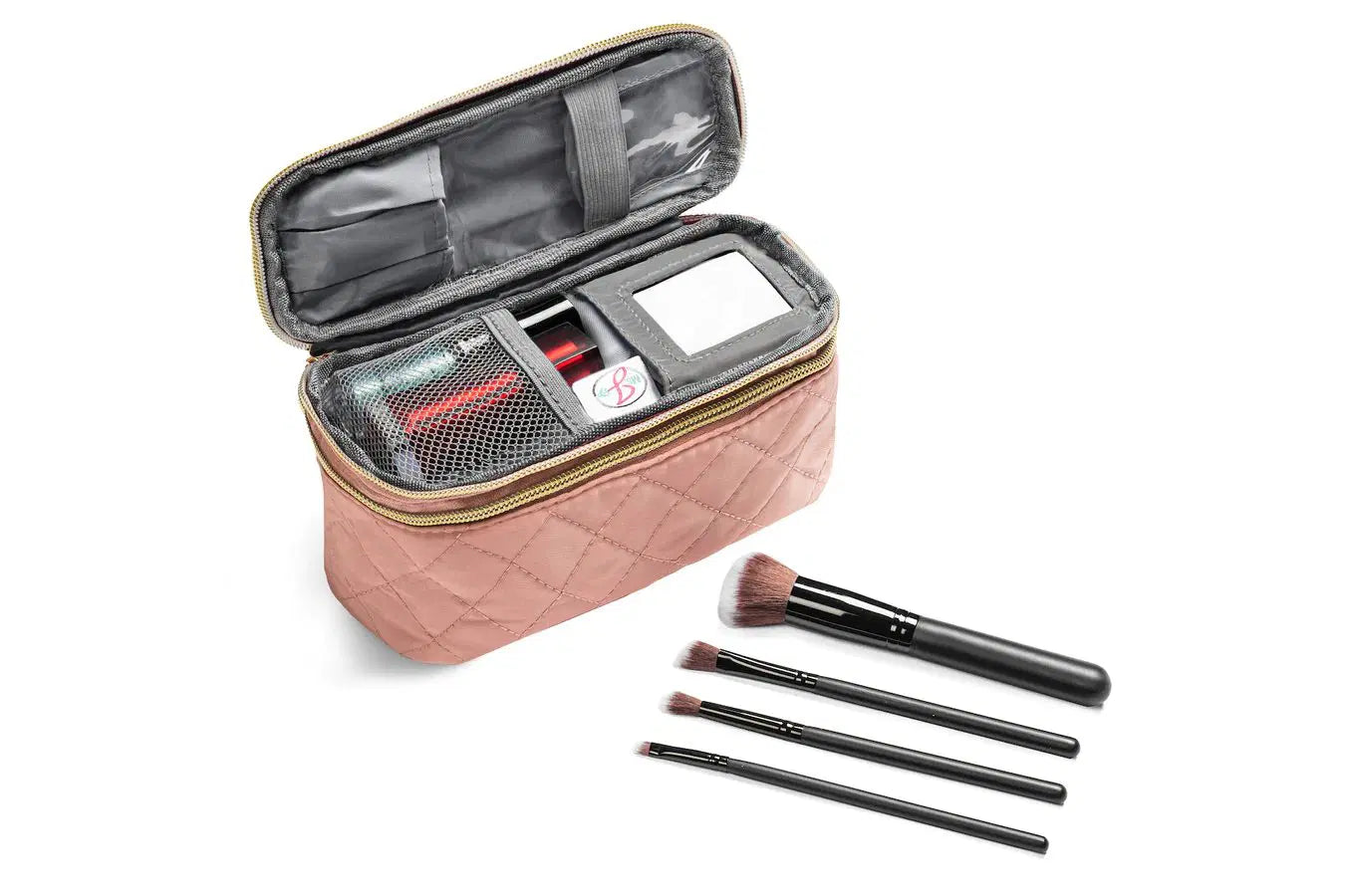 Ms. Jetsetter Makeup Case With Mirror and Travel-Sized Makeup Brushes - Rose Gold