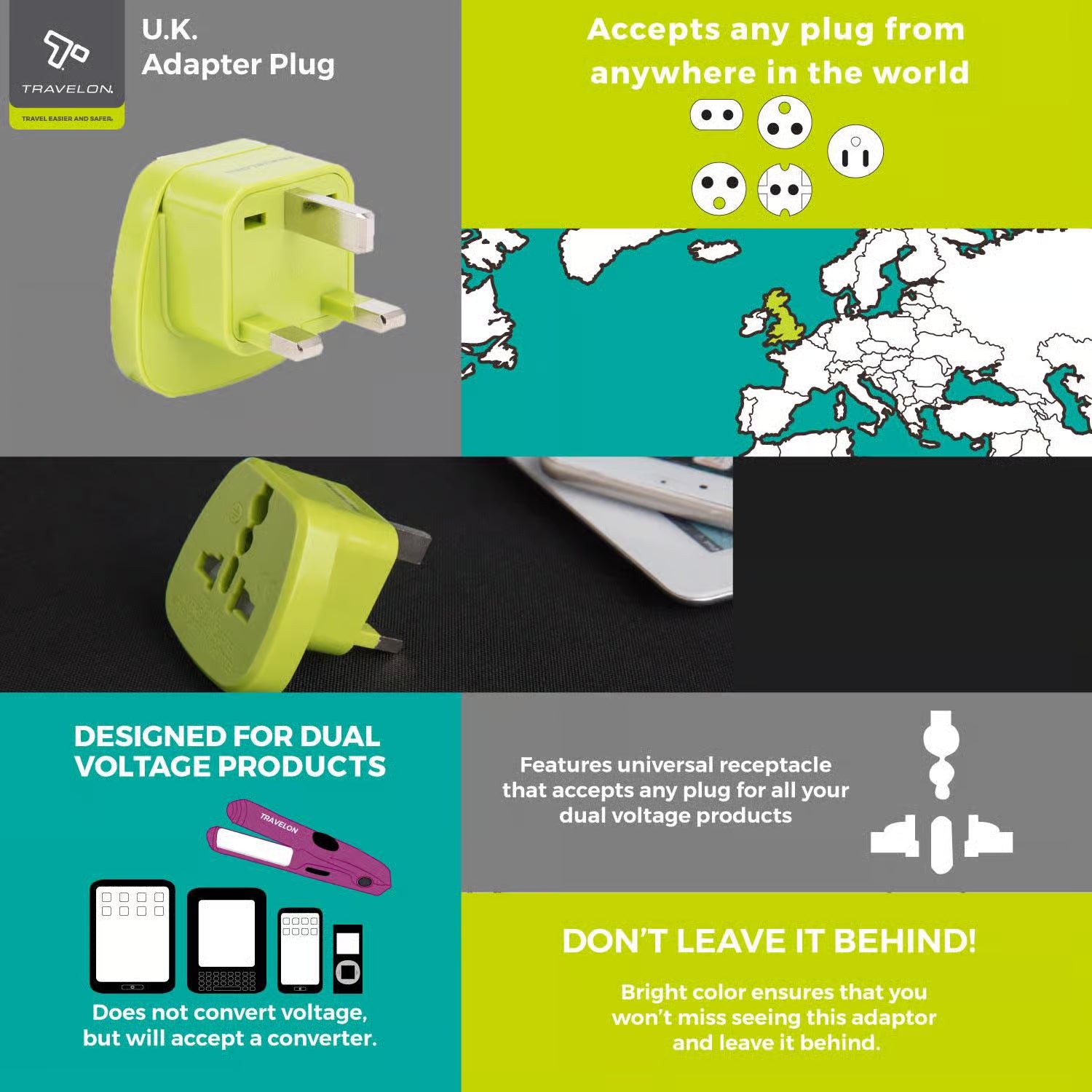 Travelon Grounded Adaptor Plug - United Kingdom
